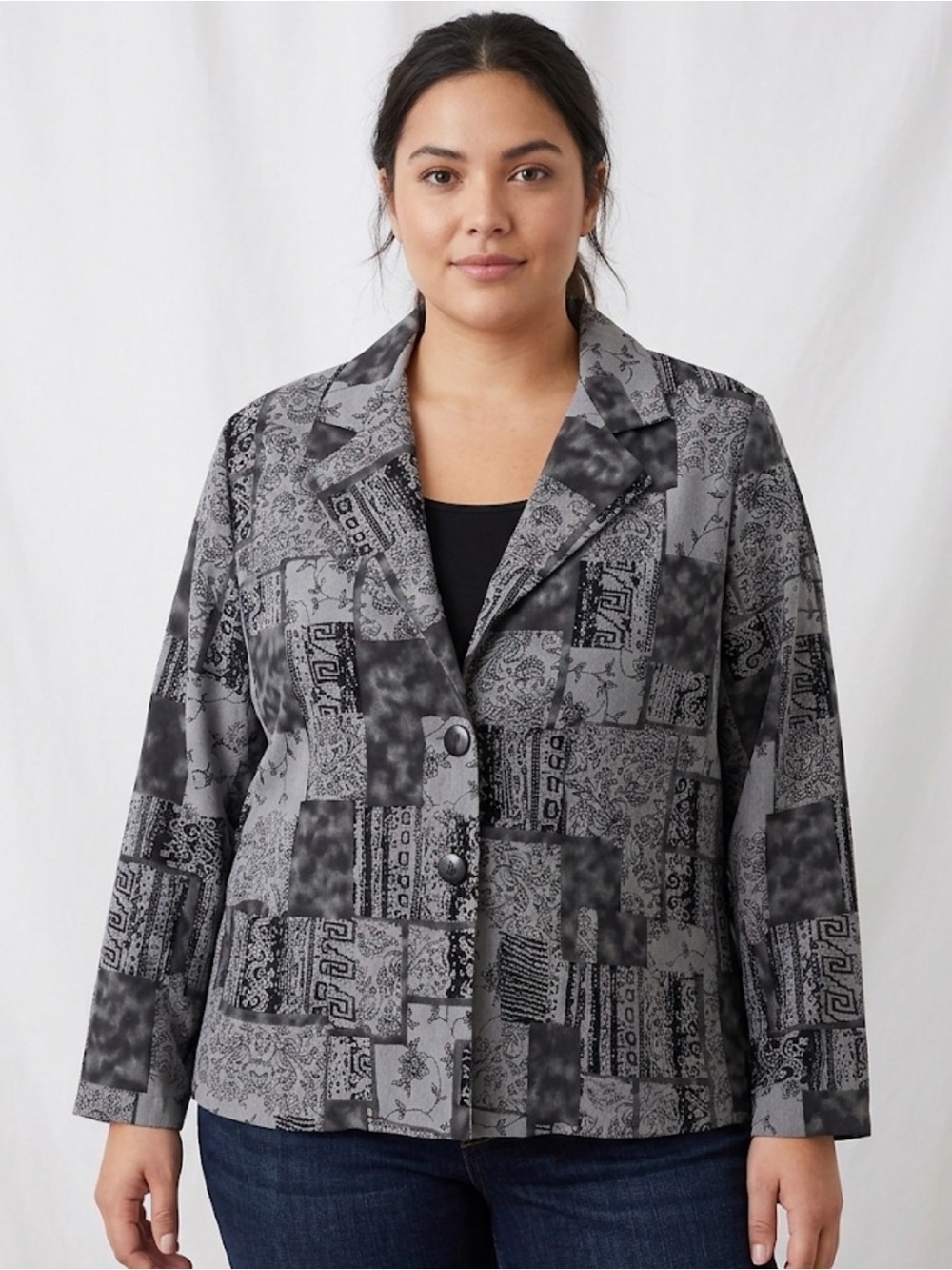 Dressbarn Woman 1X Gray Black Print Blazer Plus Size (A818)